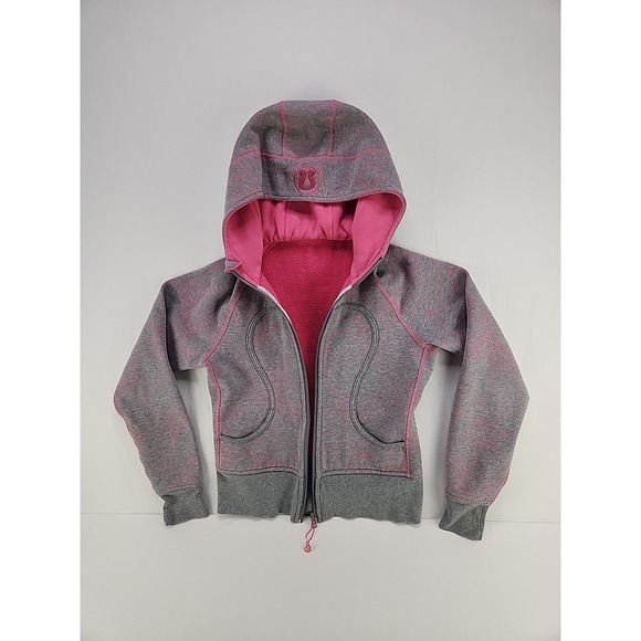 lululemon athletica Tops - Lululemon Womens Hoodie Size 6 Pink and Gray Flower Motif Long Sleeve Zip Up